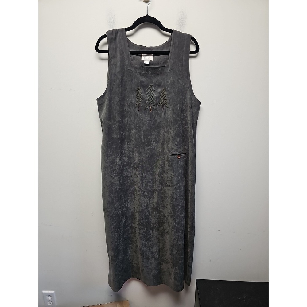 Christopher Banks Large Velour Maxi‎ Dark Green Dress W/Embroidery trees winter
